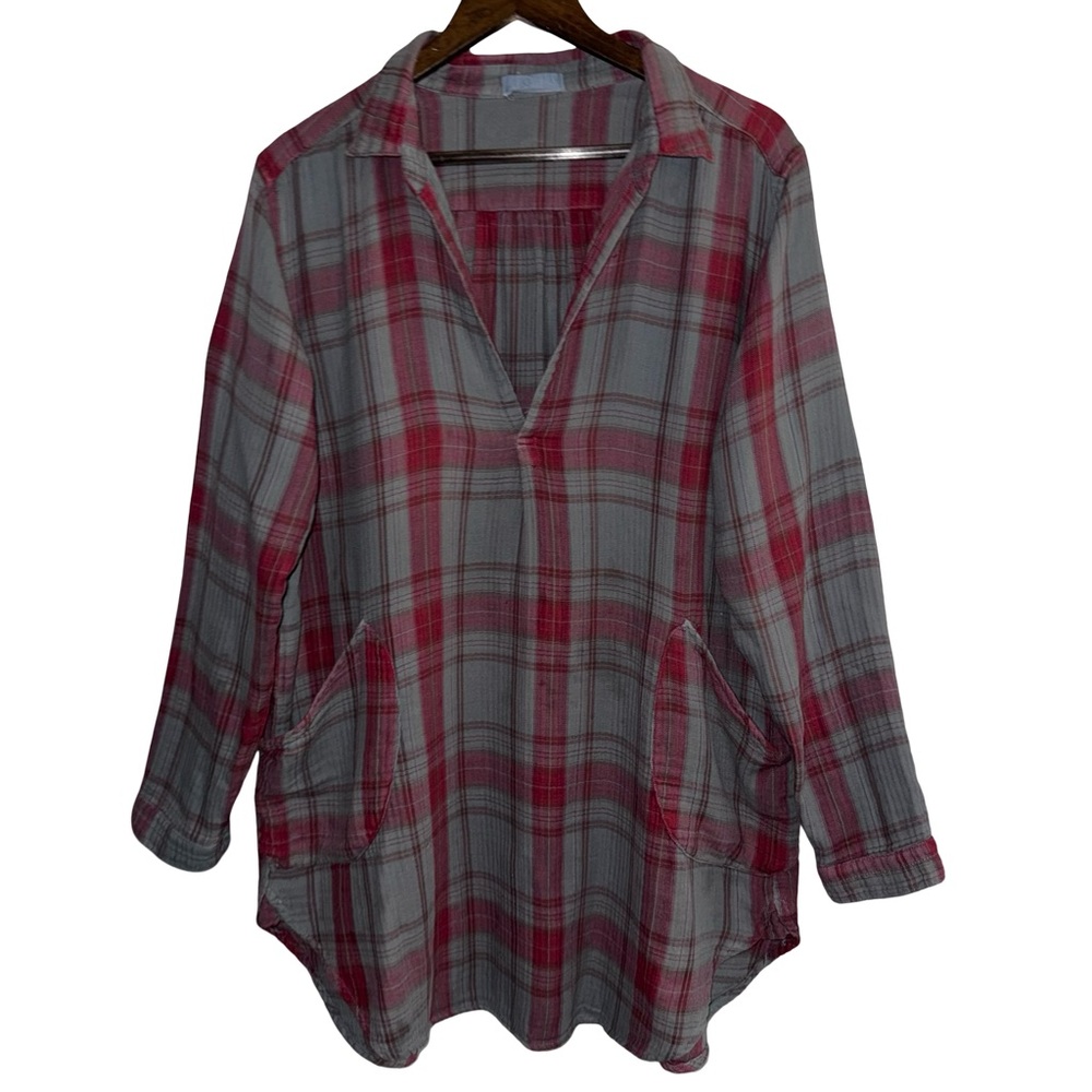 CP Shades Grey Red Plaid Flannel Tunic Top V-Neck Pockets Herringbone L - Picture 2 of 8